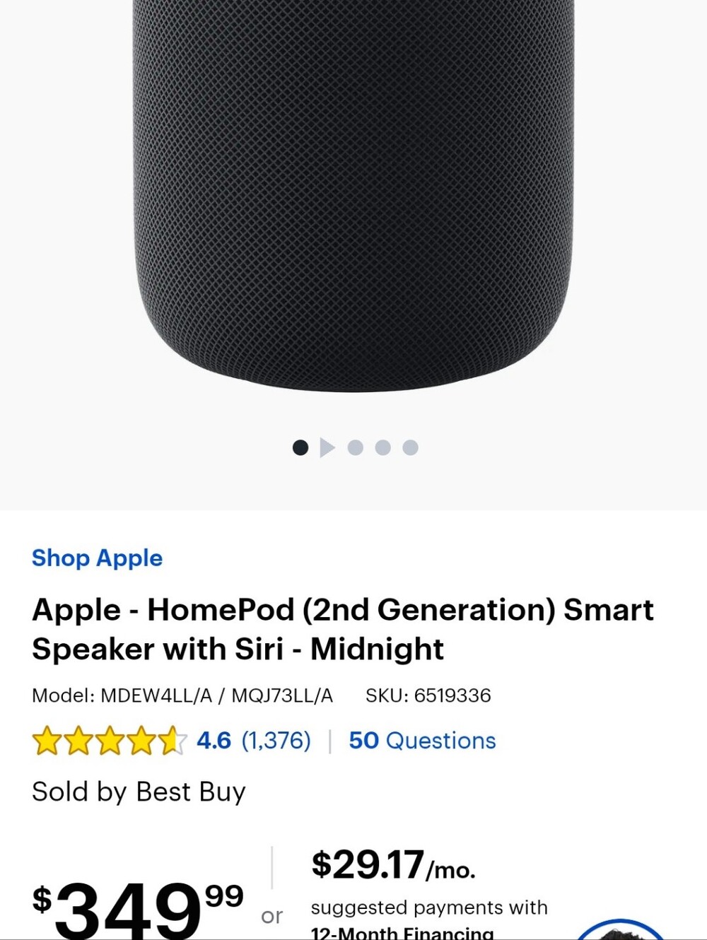 Apple HomePod 2nd Generation Midnight Smart Speaker